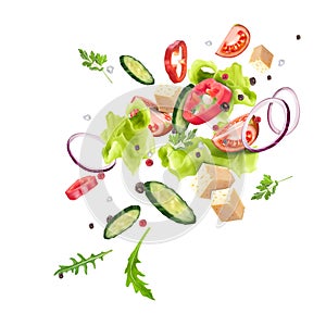 A splash of fresh vegetable salad. Vegetarianism, vitamins, healthy nutrition, diet.